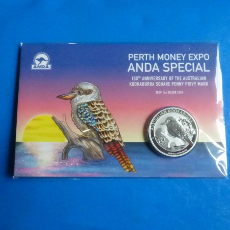 Australia 1$ Kookaburra 2019 privy Square Penny ANDA Show 100 years silver 99.9% 1 oz