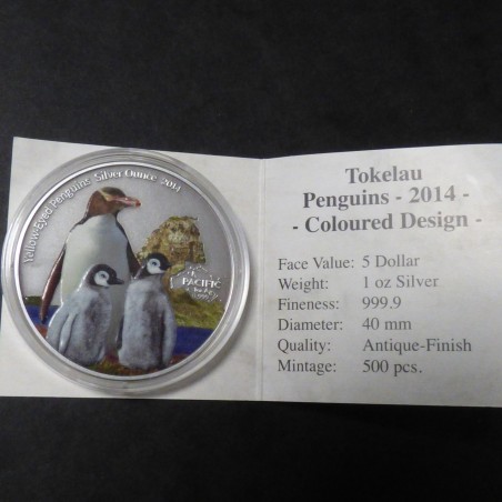 Tokelau 5$ 2014 Pingouins coloré antique finish argent 99.9% 1 oz + CoA