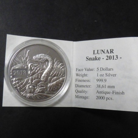 Tokelau 5$ 2013 Snake antique finish silver 99.9% 1 oz + CoA