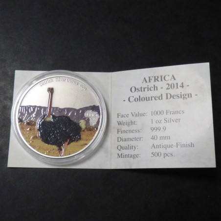 Gabon 1000 CFA Ostrich 2014 colored antique finish silver 99.9% 1 oz