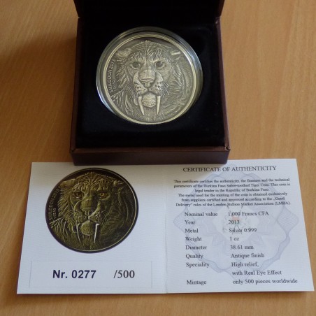Burkina Faso 1000 CFA 2013 Sabre-Toothed Tiger Smilodon antique finish argent 99.9% 1 oz+Boite+CoA