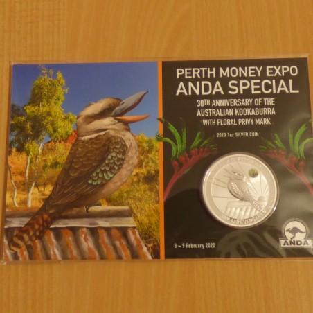Australie 1$ Kookaburra 2020 ANDA Expo privy Patte de Kangourou argent 99.9% 1 oz+Blister