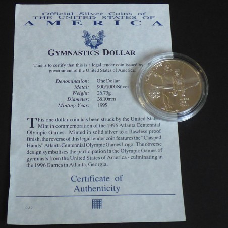 US 1$ 1995-D Gymnaste Atlanta Commemorative en argent 90% (26.7 g)+CoA