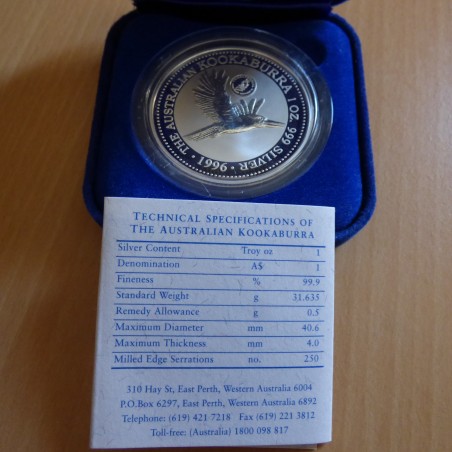 Australia 1$ Kookaburra 1996 silver 99.9% 1 oz privy swan river (Box+CoA)