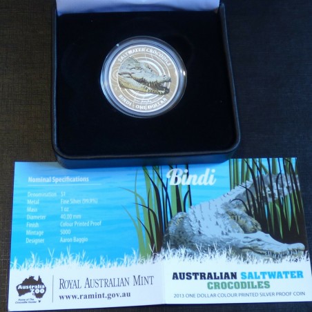 Australie 1$ Crocodile Bindi RAM 2013 PROOF coloré argent 99.9% 1 oz (Boite+CoA)
