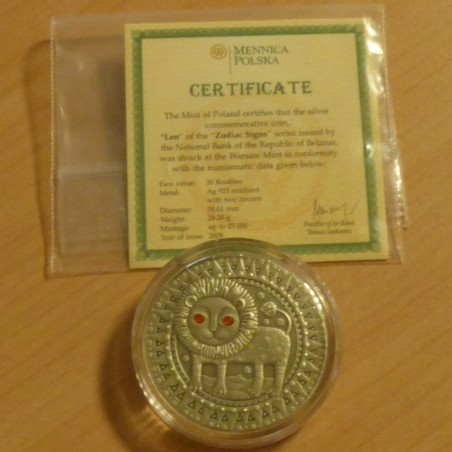 Bielorussie 20 roubles 2009 Zodiac Lion antique finish argent 92.5% (28.3 g) avec 2 zircon