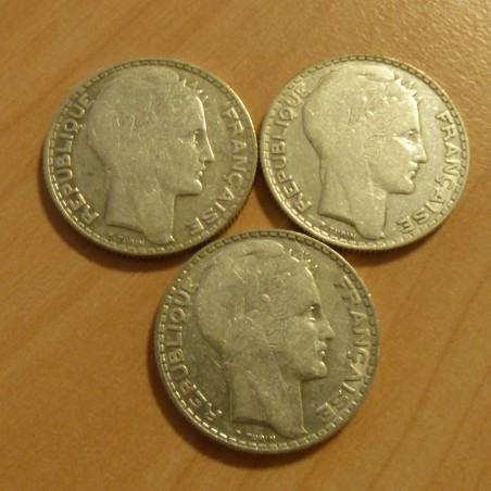 Lot of 3 coins France 10 francs TURIN 1934 silver 68% (3*10 g)