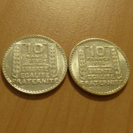 Lot de 2 pièces France 10 francs TURIN 1934 TTB++ argent 68% (2*10 g)
