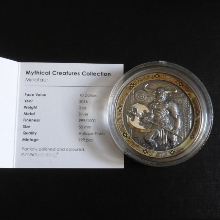 Palau 10$ 2016 Mythical Creatures Minotaur 2 oz silver 999 antique finish+Box+CoA