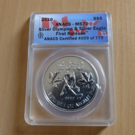 Canada 5$ Vancouver Hockey 2010 ANACS MS70 silver 99.99% 1 oz