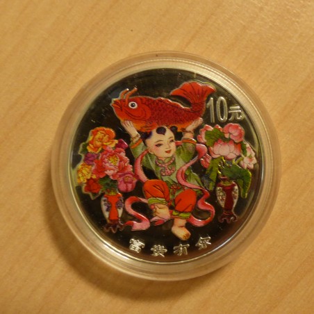 China 10 yuan Auspicious Matter Child and Carp PROOF colored silver 99.9% 1oz