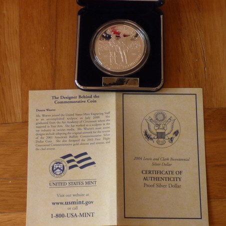 US 1$ 2004-P Lewis & Clark 200y Commemorative PROOF argent 90% (26.7g)+Boite+CoA