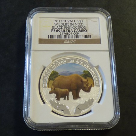 Tuvalu 1$ 2012 Black Rhinoceros NGC PF69 UCAM colored silver PROOF 99.99% 1 oz