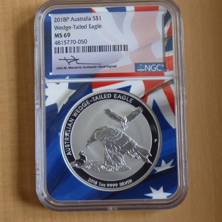 Australie 1$ Wedge Tail Eagle 2018 MS69 (NGC) US flag argent 99.9% 1 oz (RARE)