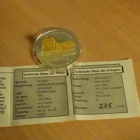 Nauru 10$ 2004 Coliseum doré en argent 99.9% 1 oz