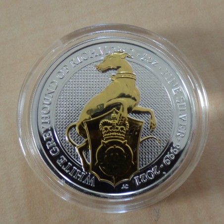 UK 5£ Queen's Beasts Lévrier de Richmond 2021 doré en argent 99.9% 2 oz