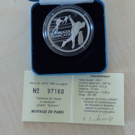 France 100 francs 1990 Albertville Skating PROOF silver 90% (22.2 g)+Box+CoA