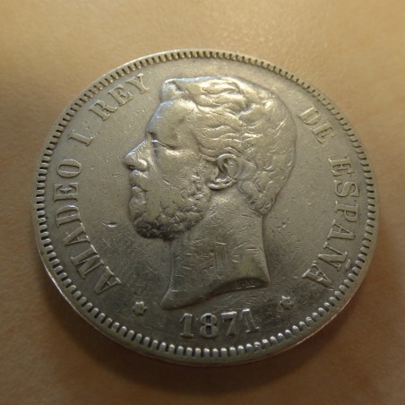 Espagne 5 pesetas 1871 (74) DE-M en argent 90% (25g) TB+