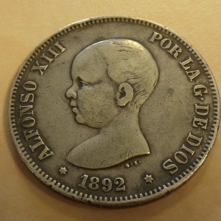 Espagne 5 pesetas 1892 (92) PG-M en argent 90% (25g) TB+