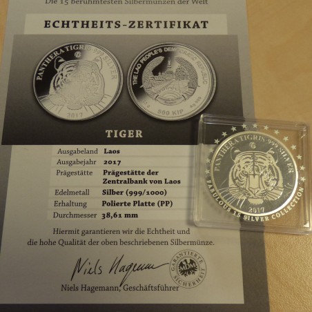 Laos 500 KIP 2017 Panthera Tigris argent 99.9% 20 g PROOF privy f15 dans capsule Fabulous 15+CoA
