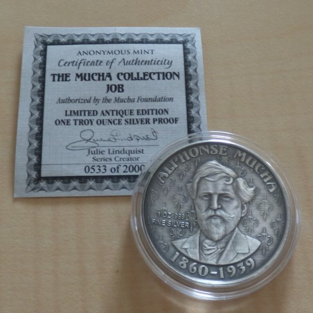 US Round Mucha Collection JOB 1oz silver 99.9% antique finish+CoA