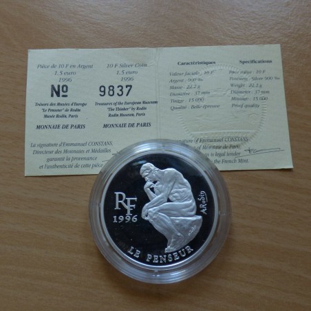 France 10 francs 1996 Rodin Penseur PROOF silver 90% (22.2 g)+CoA
