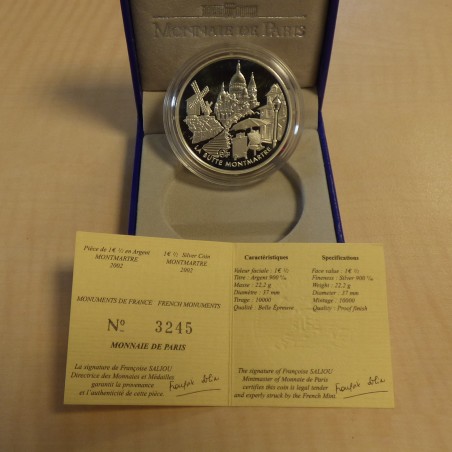 France 1.5 euros 2002 Montmartre Belle Epreuve argent 90% (22.2 g)+Boite+CoA