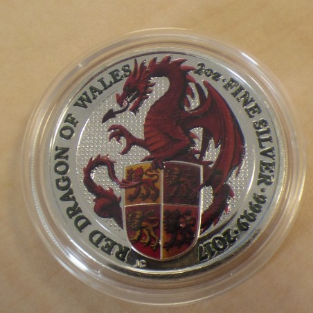 UK 5£ 2017 Red Dragon colored silver 99.9% 2 oz in capsule