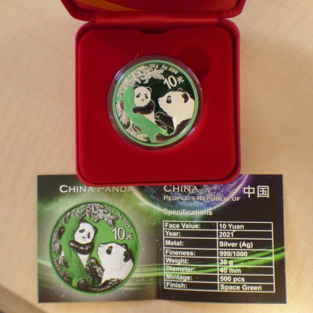 Chine 10 yuan Panda 2021 space green en argent 99.9% 30 g+Boite+CoA