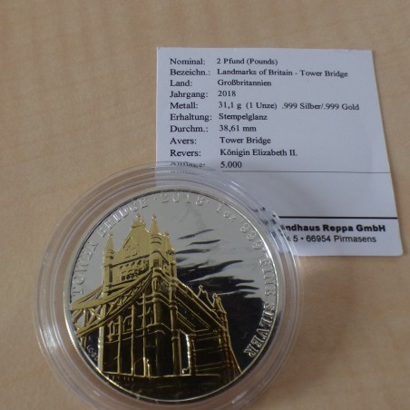UK 2£ Landmark Tower Bridge 2018 doré en argent 99.9% 1 oz +CoA