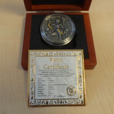 Niue 2$ 2021 Gods of Anger Sekhmet antique finish gilded silver 99.9% 2 oz + Box + CoA