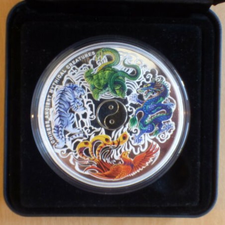 Tuvalu 5$ 2014 Créatures Chinoises Mythiques PROOF colorée en argent 99.9% 5 oz BOITE & COA