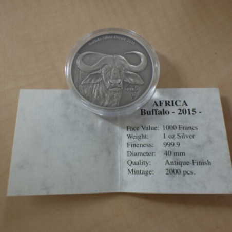 Gabon 1000 CFA Buffalo 2015 antique finish silver 99.9% 1 oz+CoA