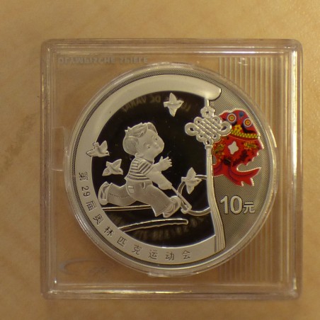 China 10 yuan Beijing 2008 Hoop Rolling PROOF colored silver 99.9% 1 oz