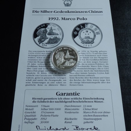 Chine 5 yuans Marco Polo 1992 PROOF argent 90% (15 g) +CoA