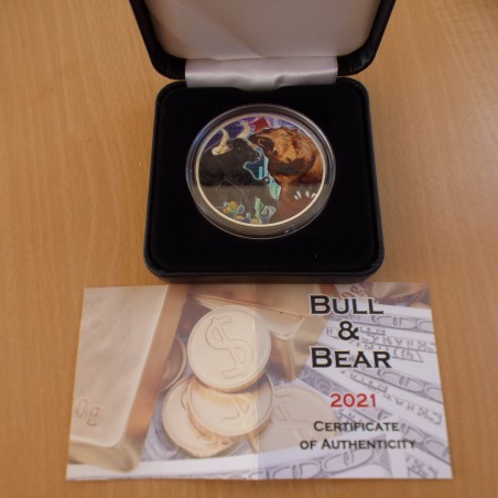 Tokelau 5$ 2022 Bull & Bear colored silver 99.9% 1 oz+Box+CoA