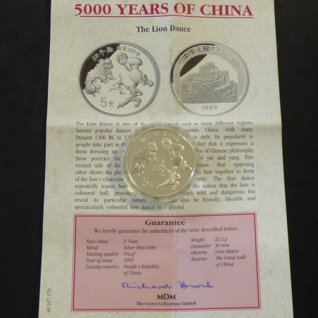 Chine 5 yuans Danse des lions 1995 PROOF argent 90% (22.2g) + CoA