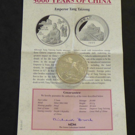 Chine 5 yuans Tang Taizong 1995 PROOF argent 90% (22.2g) + CoA