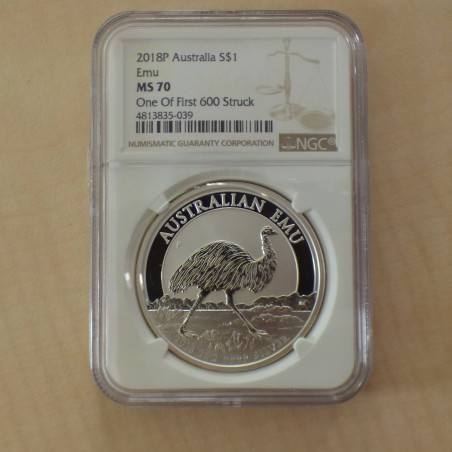 Australie 1$ Emeu 2018 NGC MS70 en argent 99.9% 1 oz (Rare)