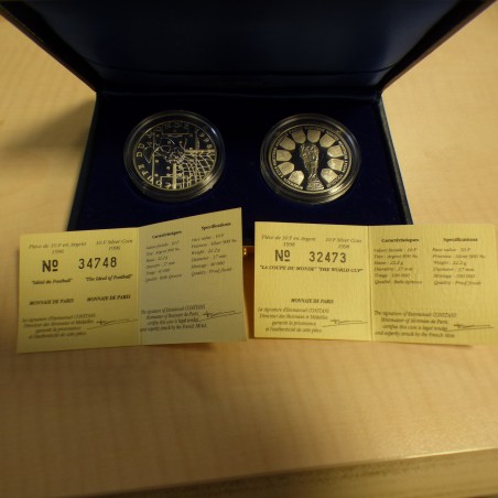 France 2*10 francs 1996 & 1998 Idéal du Football & Coupe du Monde 1998 PROOF silver 90% (2*22.2 g)+CoAs+Box