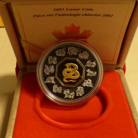 Canada 15$ Year of the Snake 2001 PROOF gilded silver 92.5% (33.6 g)+Box+CoA