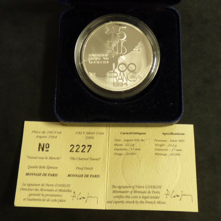 France 100 francs 1994 Channel PROOF silver 90% (22.2 g)+CoA+Box
