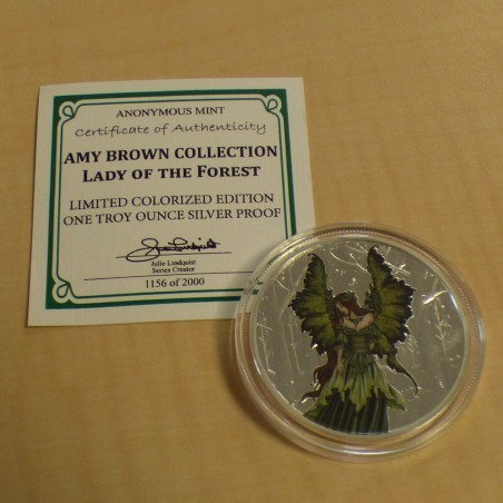 Round Amy Brown Lady of the Forest silver 99.9% PROOF colored 1 oz with CoA