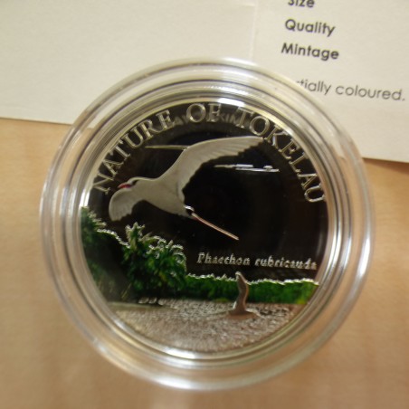 Tokelau 5$ 2012 Tropic Bird Phaeton Rubricauda PROOF colored silver 92.5% 20g+CoA