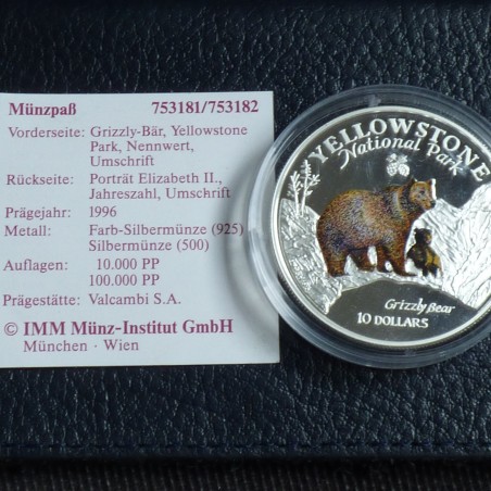 Iles Cook 10$ 1996 Yellowstone National Park Grizzly coloré PROOF argent 92.5% (28 g)+CoA