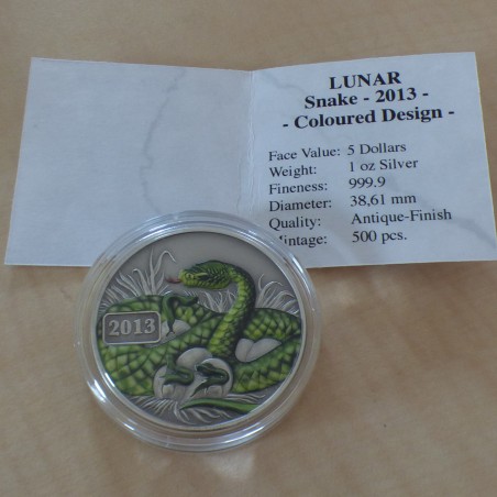 Tokelau 5$ 2013 Snake antique finish colored silver 99.9% 1 oz + CoA