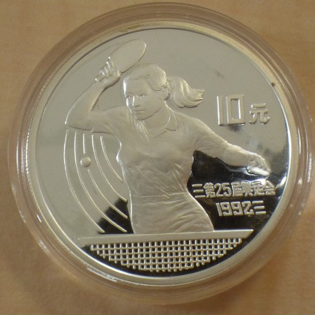 China 10 yuan 1991 Olympics 1992 Ping Pong PROOF silver 90% (30g)