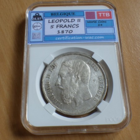 Belgique 5 francs 1870 Leopold II argent 90% (25 g) TTB sous SLAB