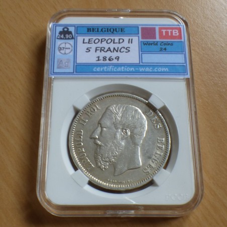 Belgium 5 francs 1869 Leopold II silver 90% (25 g) VF/SS in SLAB