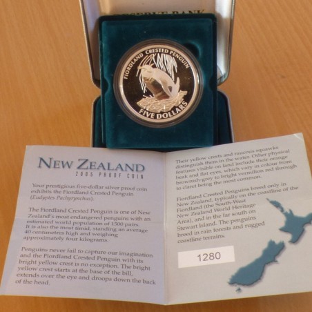 Nouvelle Zélande 5$ Fiordland Crested Pingouin 2005 PROOF argent 99.9% 28.28g+Boite+CoA